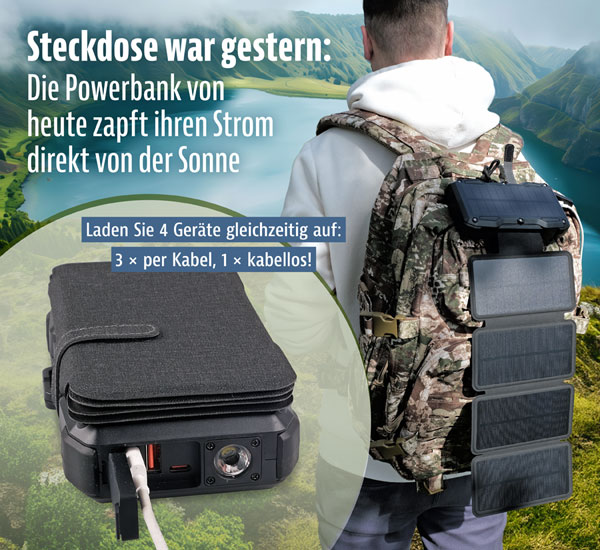 Powerbank mit 5 Solarpanels - Funktional